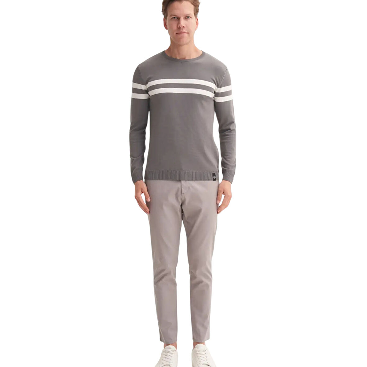 Slim Fit Viskon Kumaş Basic İki Çizgili Bisiklet Yaka Kazak