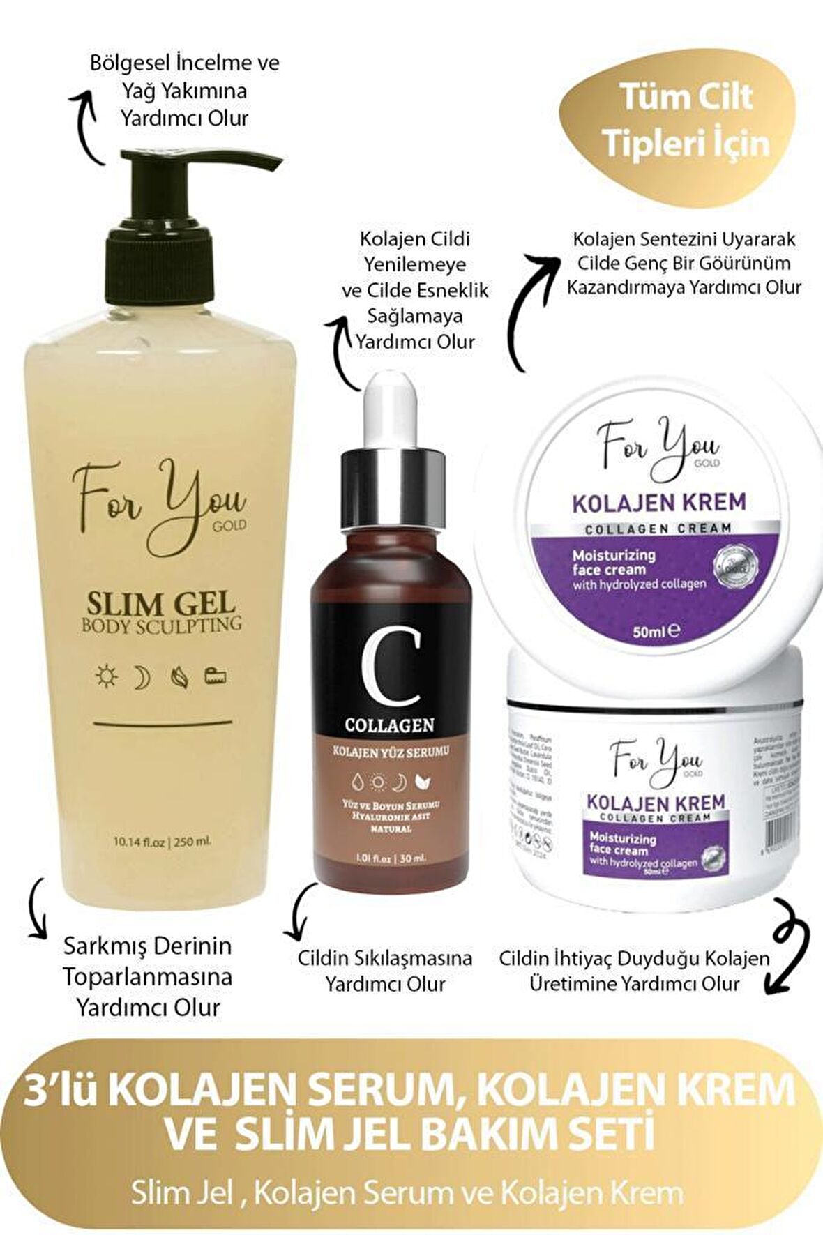 For You Gold Selülit Jel 250 ml & Kolajen Yüz Serumu + Kolajen Krem