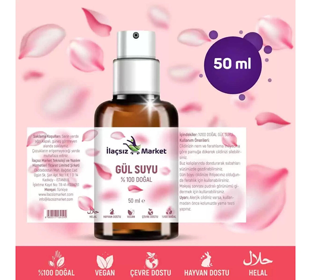 Gül Suyu / 50 ml (DOĞAL HİDROSOL GÜL YAĞLI)