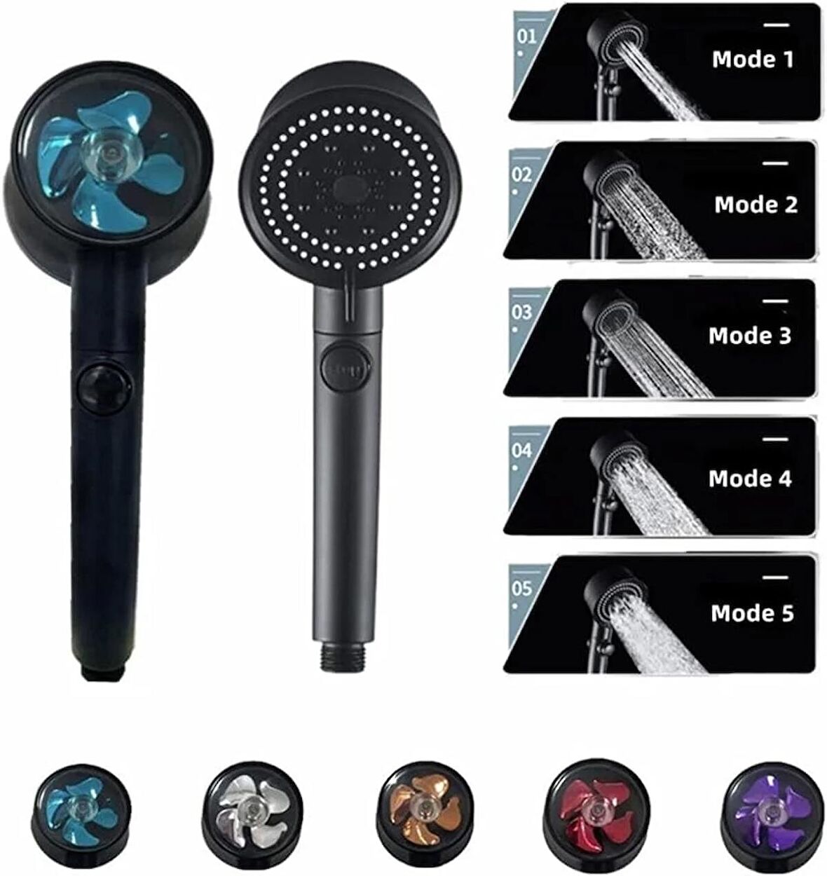 Mayaglory Turbo Fan 5 Fonksiyonlu Duş Başlığı El Duşu Handshower,Siyah