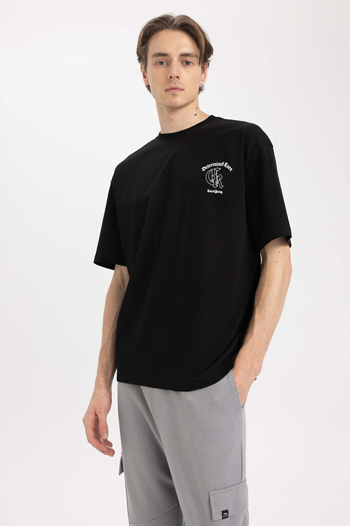 Oversize Fit Bisiklet Yaka Baskili %100 Pamuk Tisört