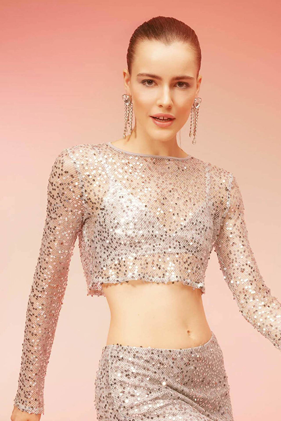 Regular Fit Bisiklet Yaka Payetli Kumaş Uzun Kollu Tişört