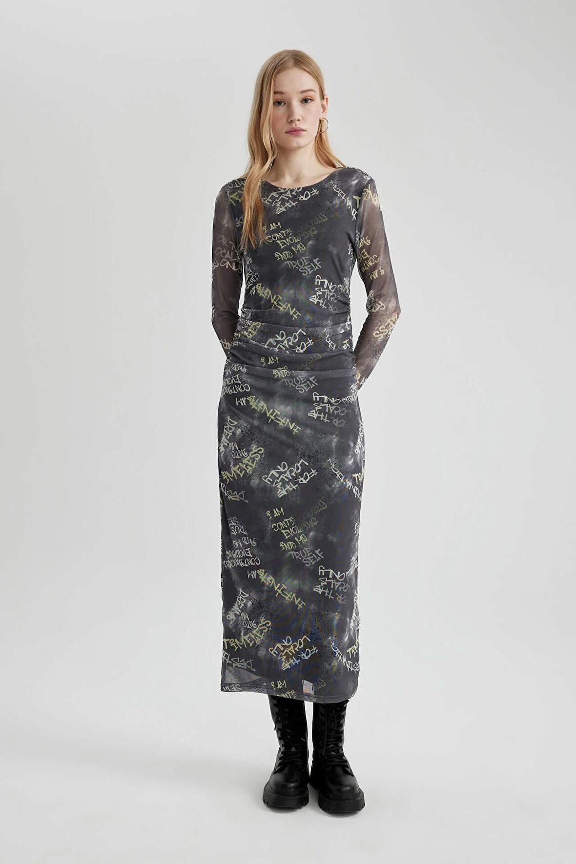DeFacto Coool Bodycon Desenli Tül Uzun Kollu Maxi Elbise C1891AX24SPGR452