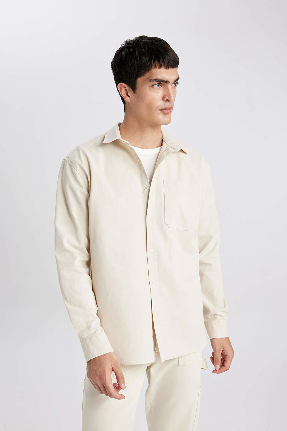 DeFacto Relax Fit Polo Yaka Basic Düz Gabardin Uzun Kollu Gömlek C1477AX24SPBG74