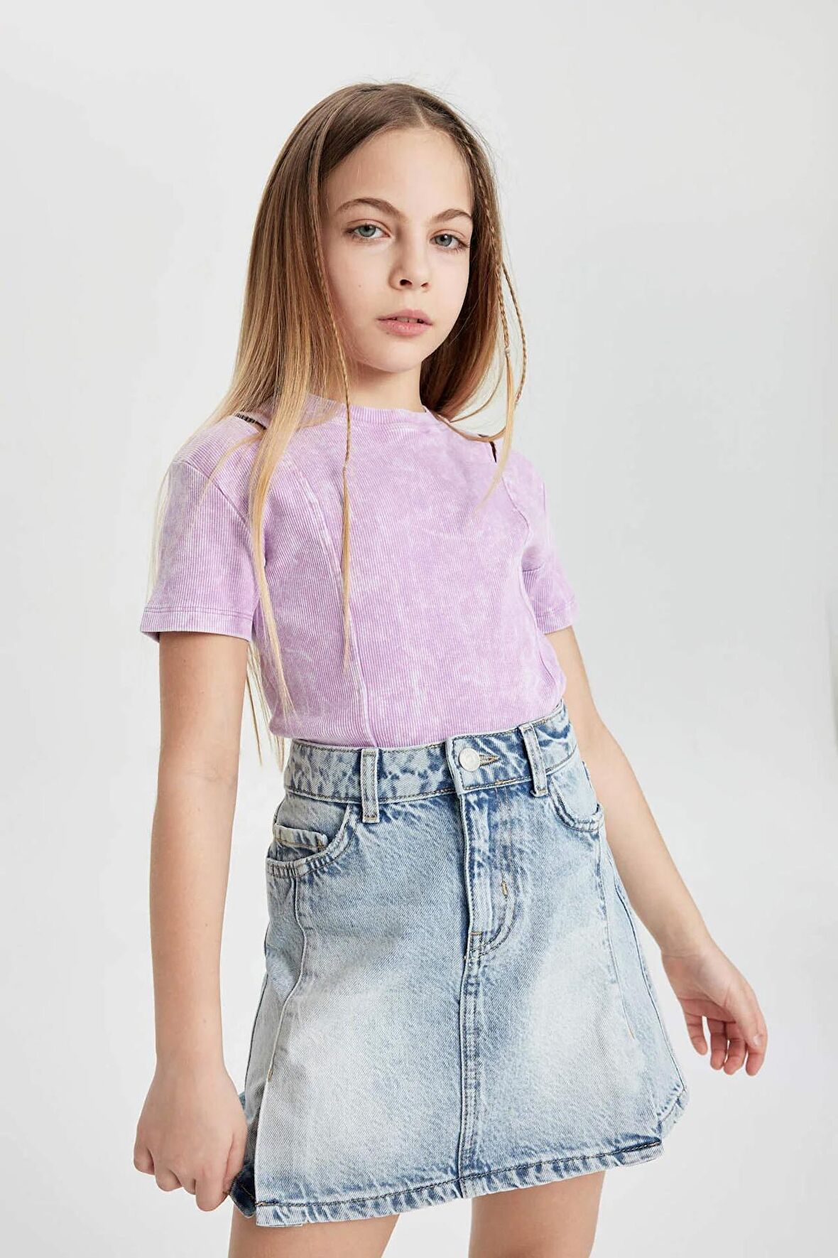 DeFacto Kız Çocuk Slim Fit Dar Kesim Bisiklet Yaka Fitilli Kaşkorse Kısa Kollu Tişört C3187A824SMPR61