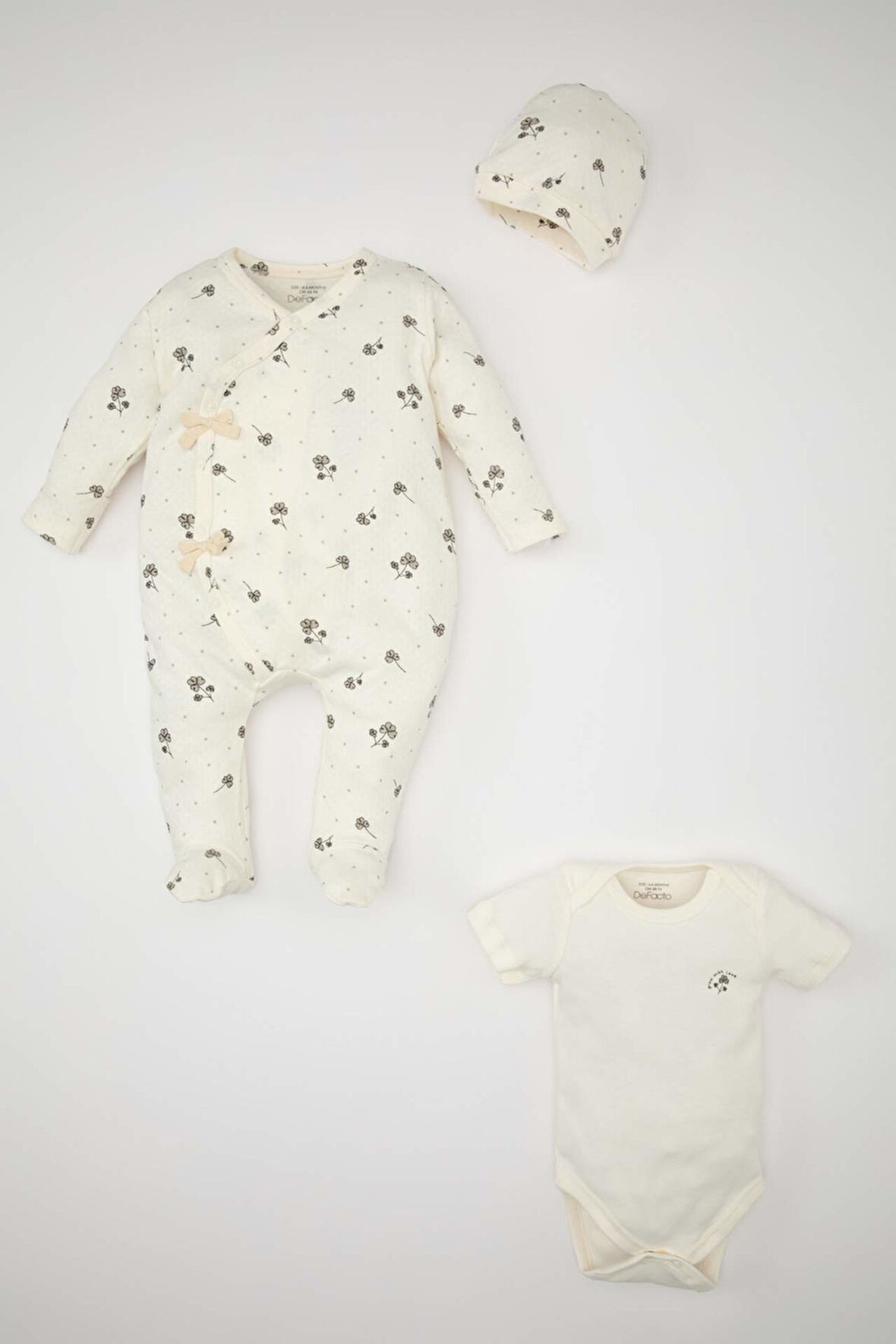 Kız Bebek 3'lü Takım Yeni Doğan Baskılı Çıtçıtlı Tulum Çıtçıtlı Body Şapka 