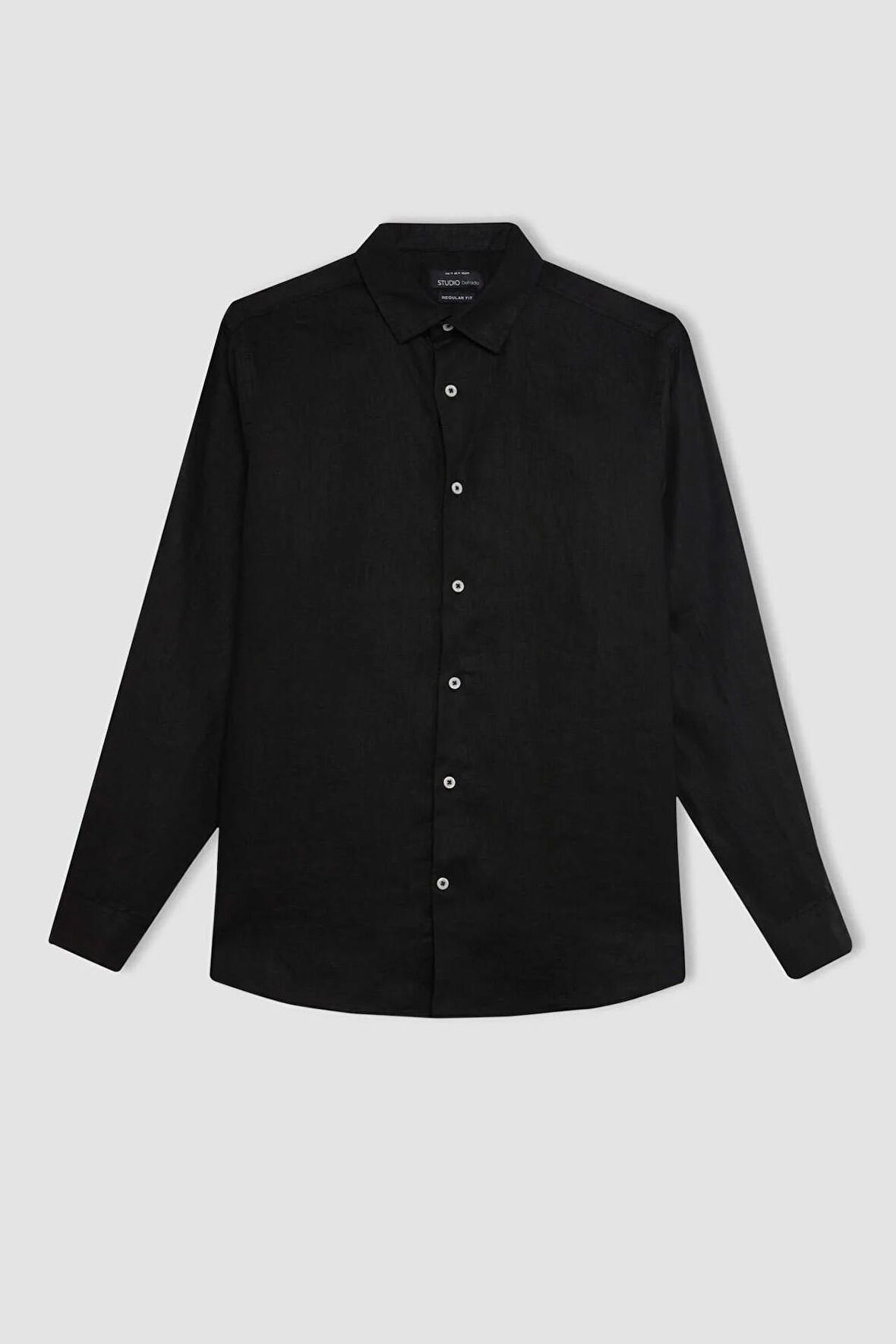 DeFacto %100 Keten Regular Fit Polo Yaka Yazlık Basic Düz Uzun Kollu Gömlek C1825AX24SMBK27