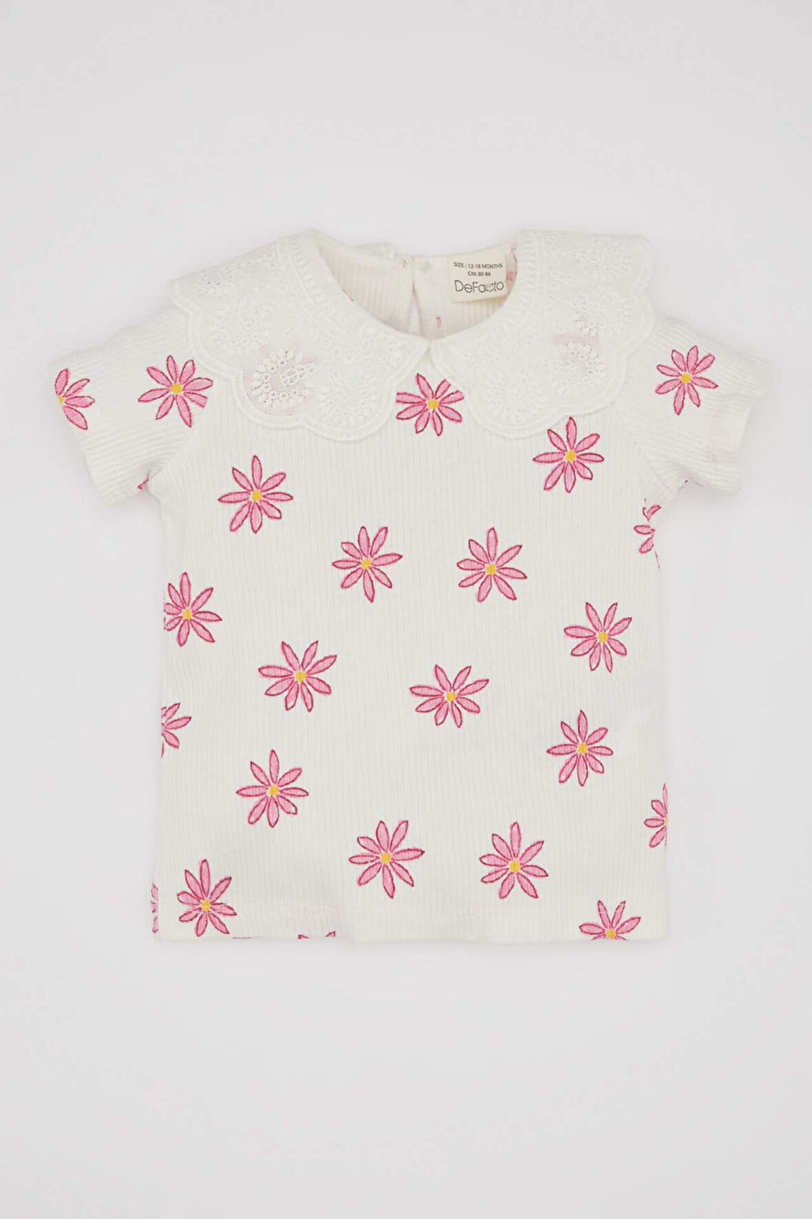 Kız Bebek Dantel Yaka Çiçekli Fitilli Kaşkorse Kısa Kollu Tişört