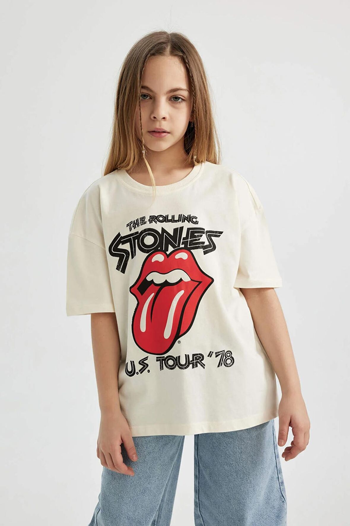 DeFacto Kız Çocuk Rolling Stones Oversize Geniş Kalıp Bisiklet Yaka Kısa Kollu Tişört C1720A824SMER99