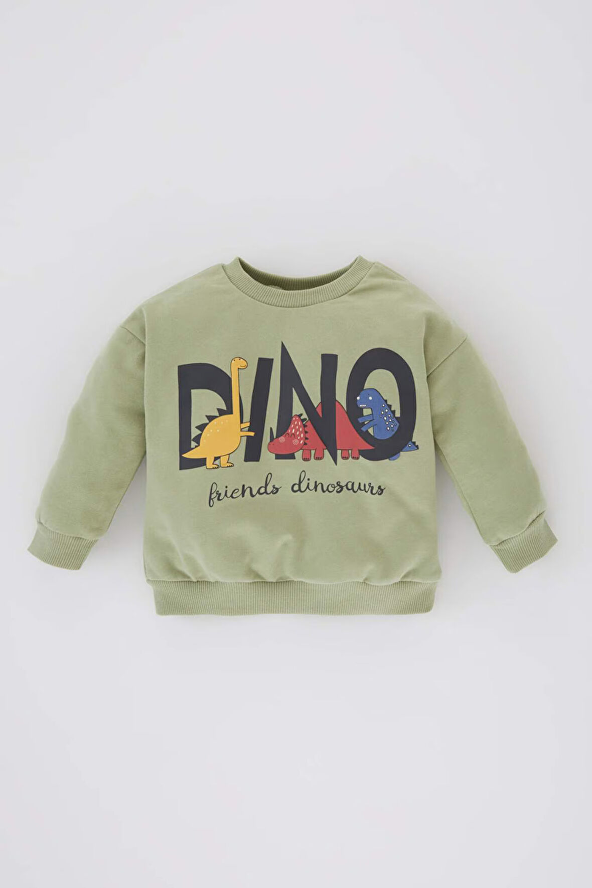 Erkek Bebek Bisiklet Yaka Dinazor Baskılı İçi Yumuşak Tüylü Sweatshirt 