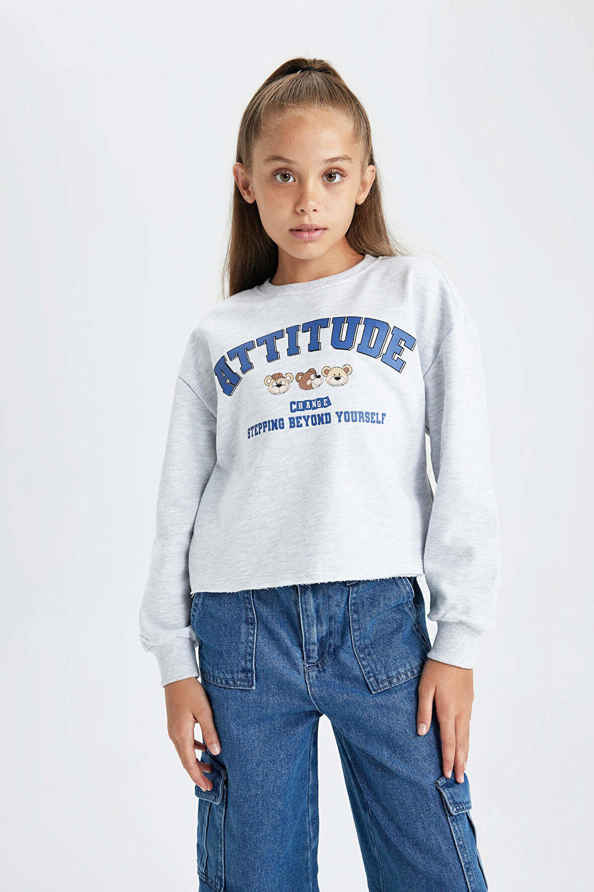 DeFacto Kız Çocuk Crop Bisiklet Yaka Sweatshirt B3708A823AUGR156