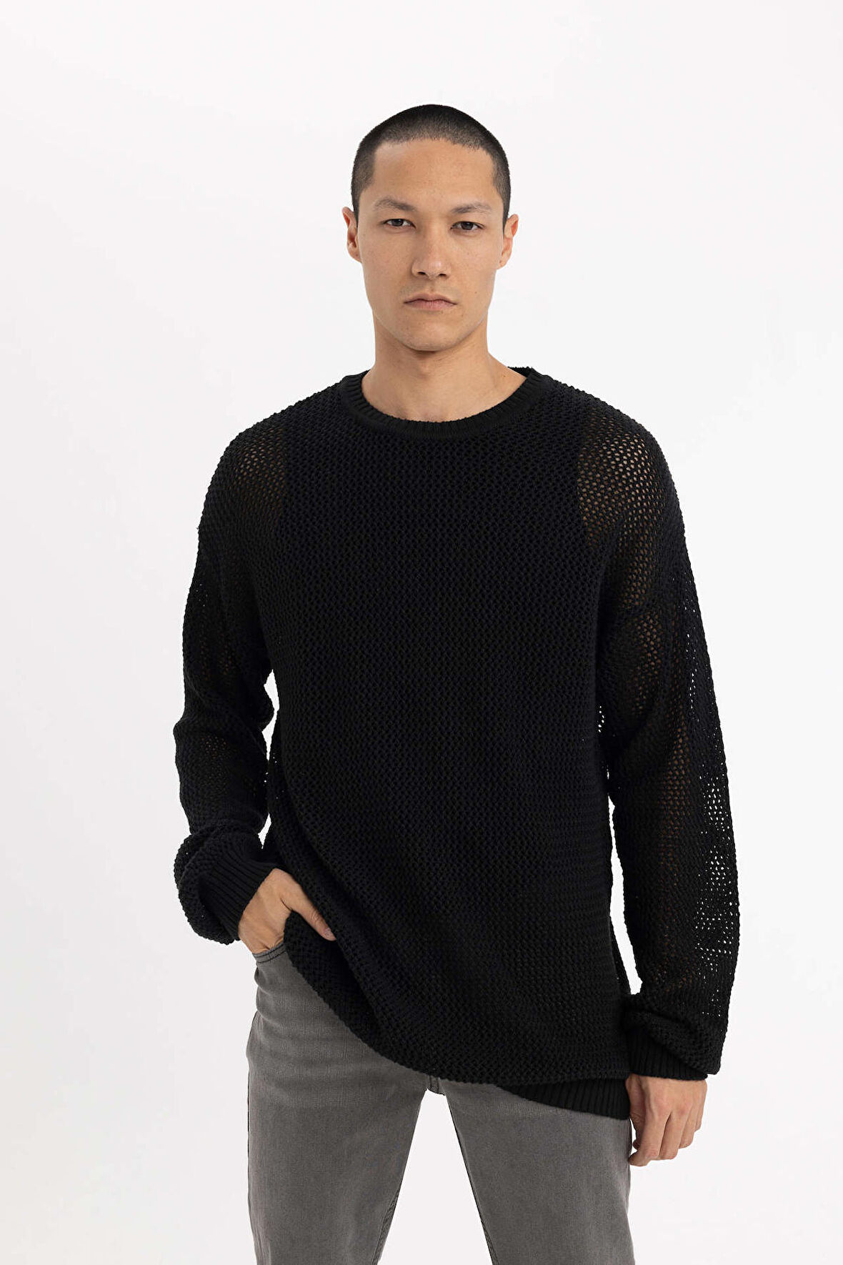 DeFacto Regular Fit Bisiklet Yaka Kroşe Delikli Triko Sweatshirt C0013AX23WNBK81