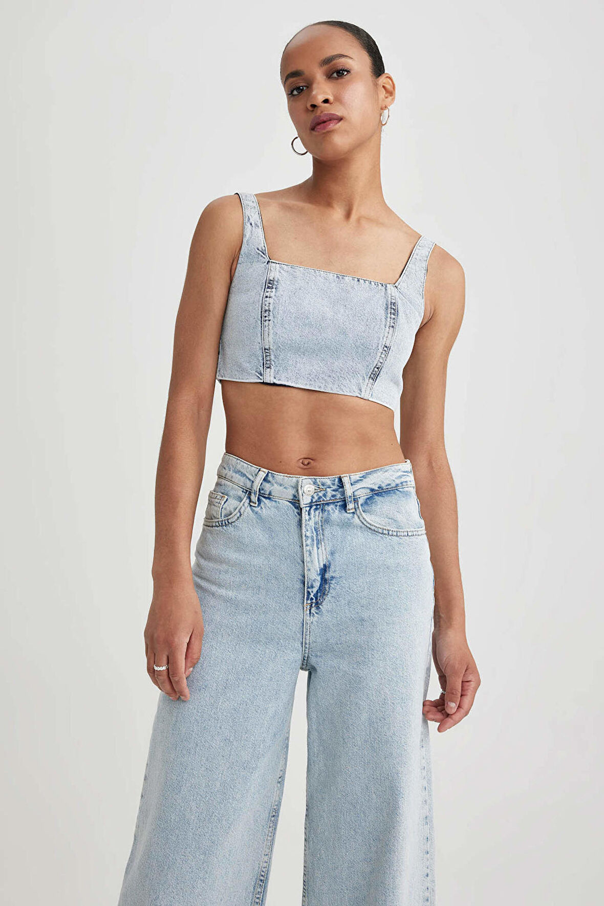 DeFacto Crop Kare Yaka %100 Pamuk Jean Bluz A8524AX23HSNM39