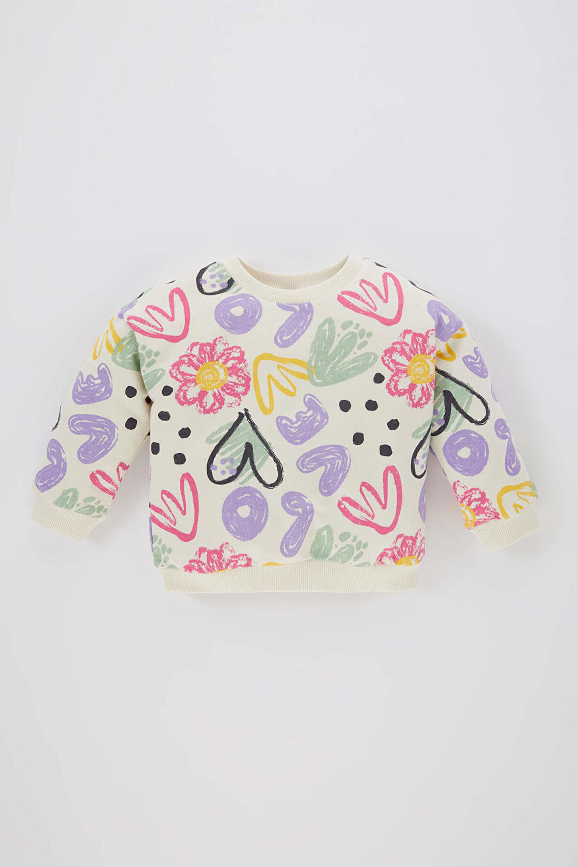 Kız Bebek Kalp Desenli Bisiklet Yaka Sweatshirt