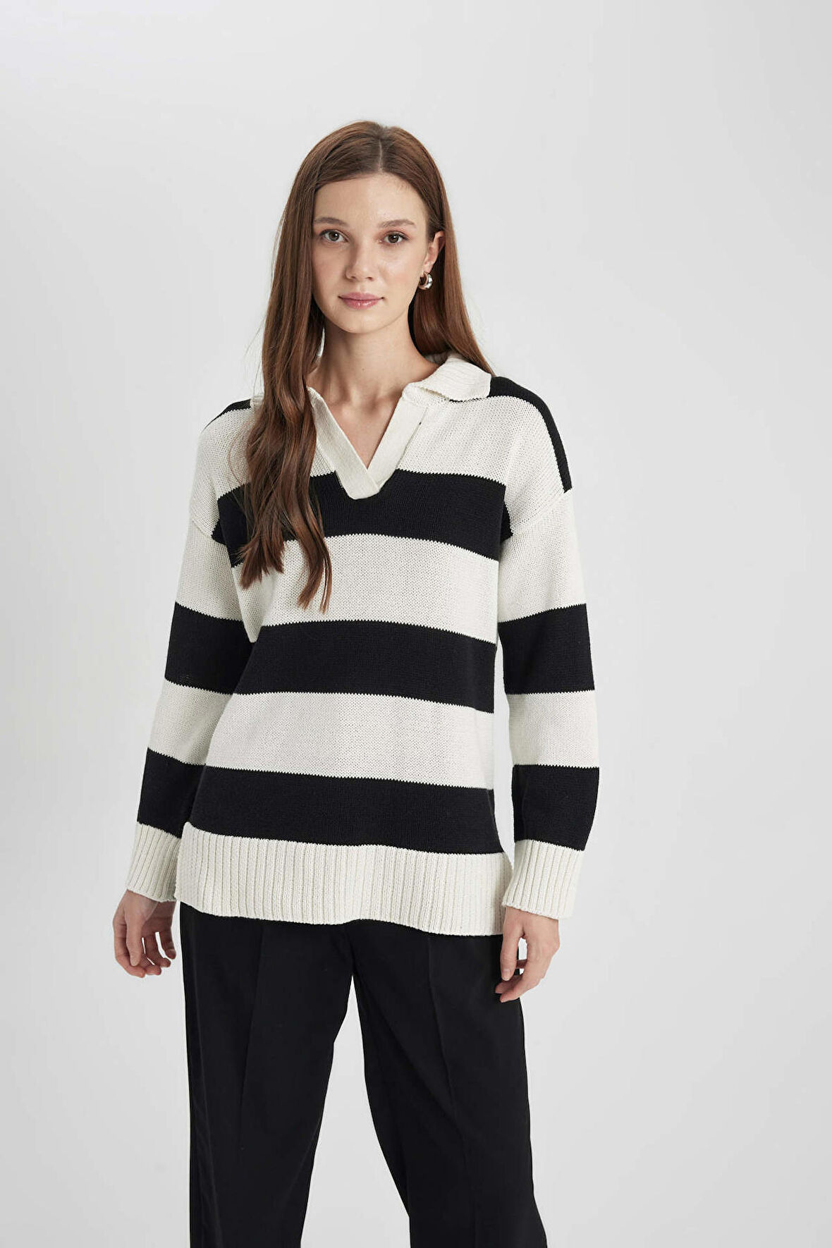 DeFacto Regular Fit Polo Yaka Çizgili Triko Kazak Tunik B8370AX24SPER133