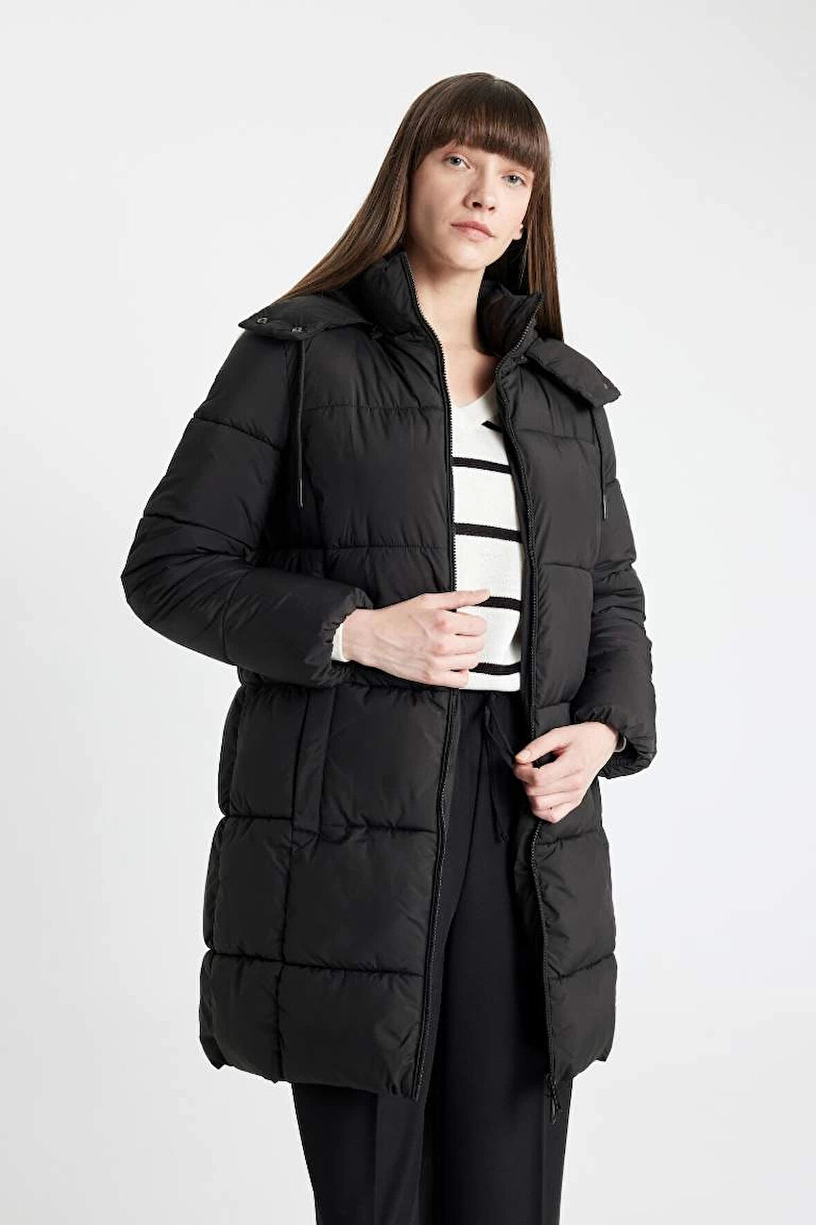 A1315 Su İtici Regular Kalıp Çıkarılabilir Kapüşonlu Puffer Şişme Uzun Mont Parka