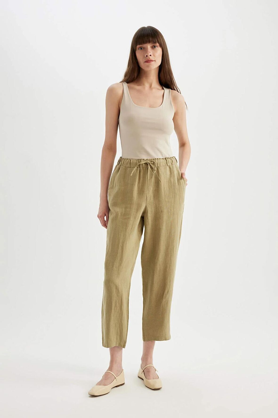 DeFacto Jogger Keten Kumaş Pantolon Cepli Yüksek Bel Kısa Paça C7683AX24SMKH505