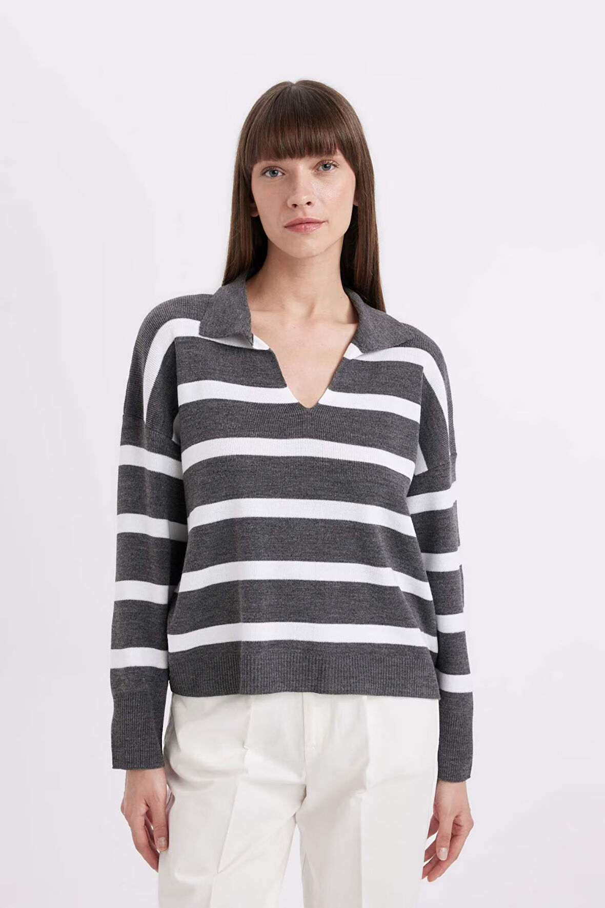 DeFacto Relax Fit Polo Yaka Çizgili Triko Kazak A3861AX24WNGR67