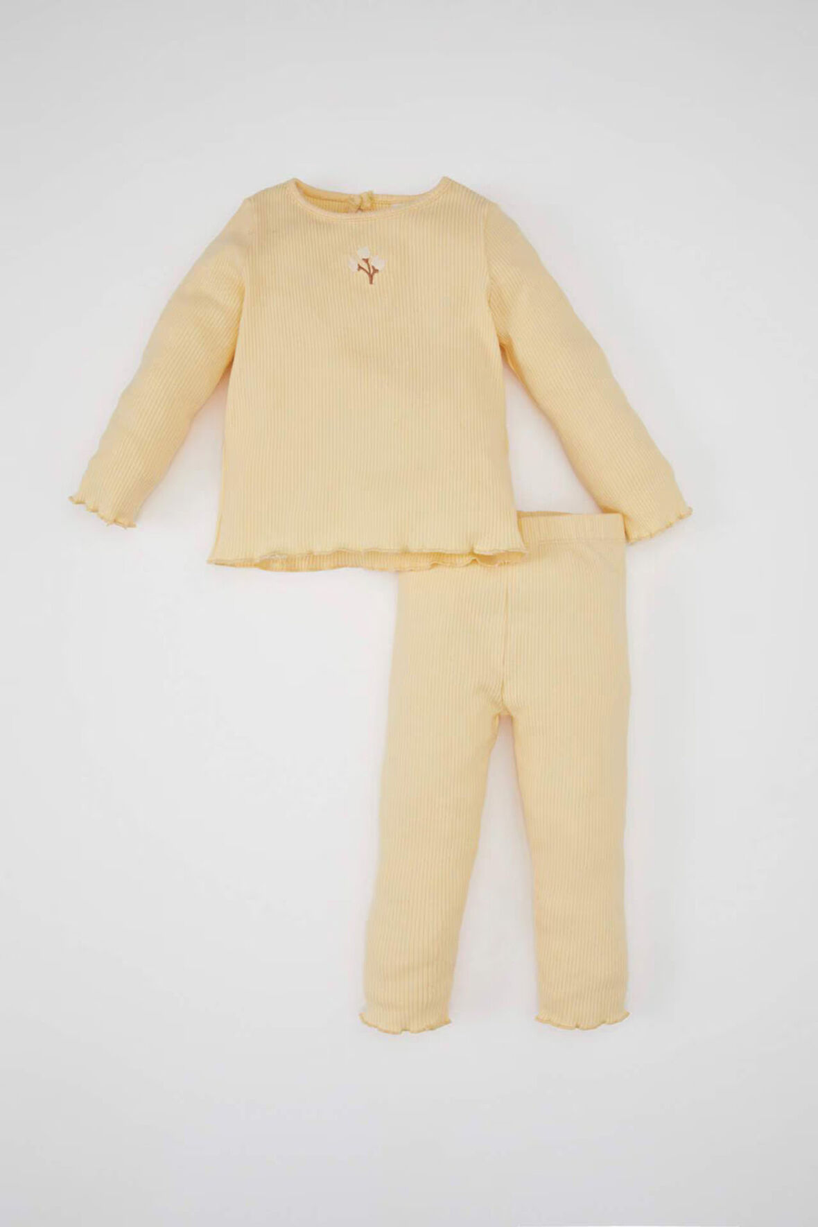 	Kız Bebek 2'li Takım Çiçekli Fitilli Kaşkorse Uzun Kollu Tişört Üst Beli Lastikli Alt