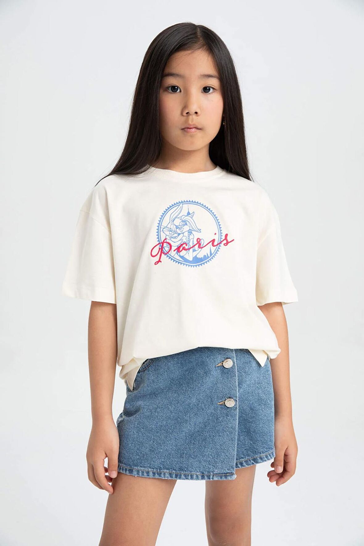 DeFacto Kız Çocuk Looney Tunes Oversize Geniş Kalıp Bisiklet Yaka Kısa Kollu Tişört C4824A824SMER99