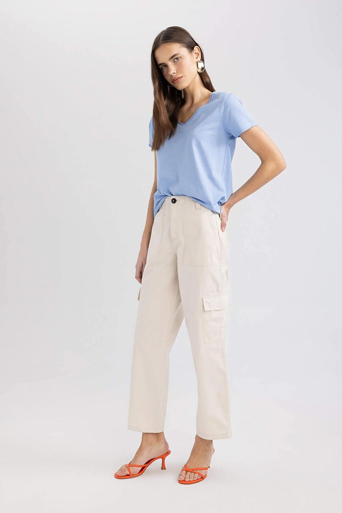 DeFacto Straight Fit Kargo Kargo Cepli Yüksek Bel Geniş Paça Gabardin Kumaş Pantolon A9200AX24SMBG422