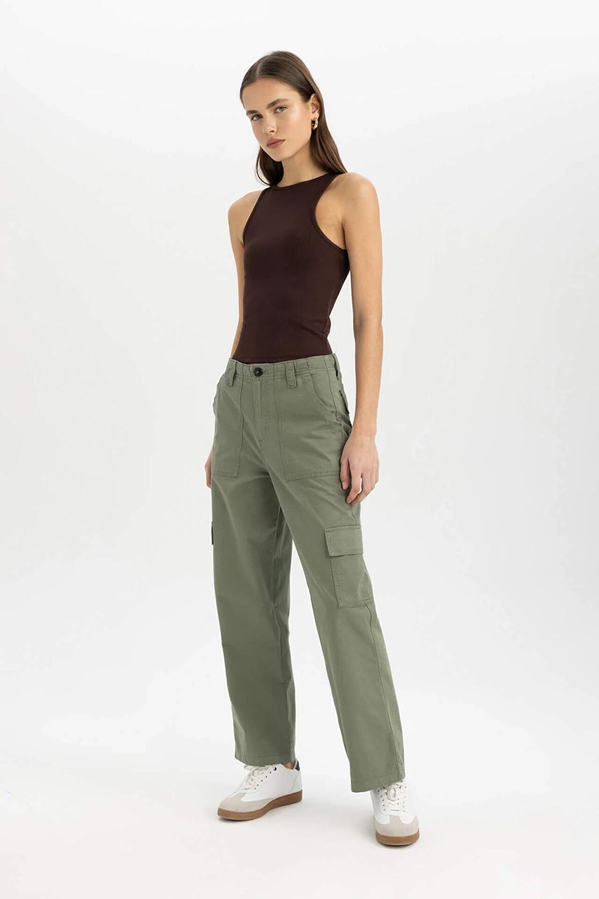 Straight Fit Kargo Kargo Cepli Yüksek Bel Geniş Paça Gabardin Pantolon