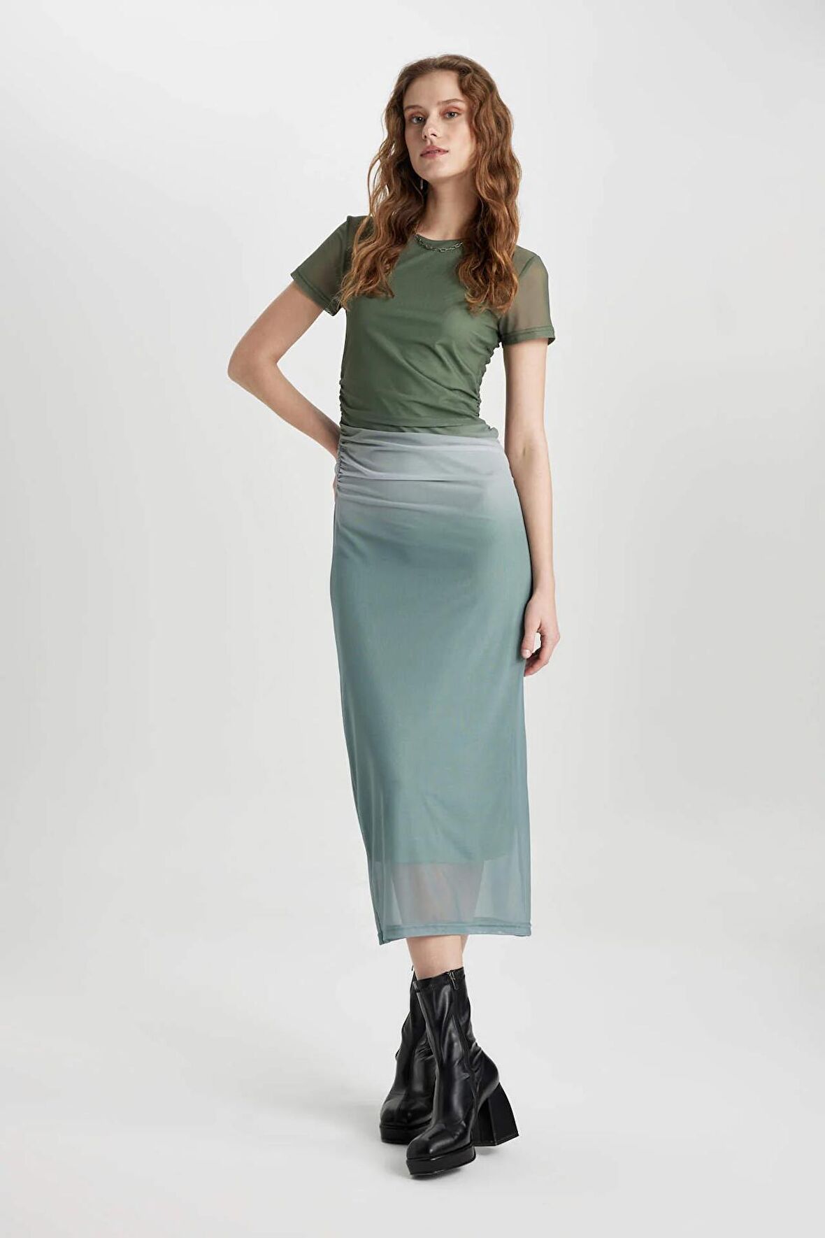 DeFacto Bodycon Bisiklet Yaka Degrade Kısa Kollu Midi Tül Elbise C5926AX24SPGN1107