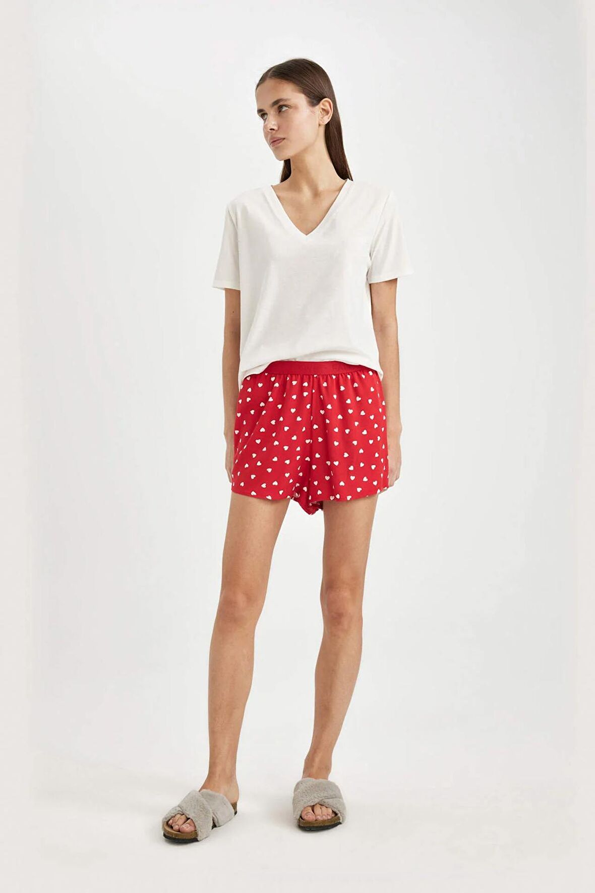 DeFacto Regular Fit Dokuma Şort Pijama Altı-Fall in Love B8697AX24SMRD256
