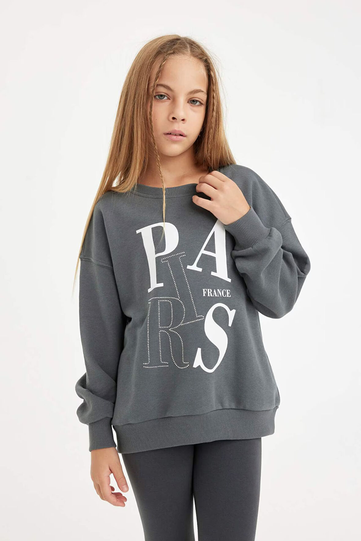 DeFacto Kız Çocuk Antrasit Oversize Geniş Kalıp Bisiklet Yaka Baskılı Sweatshirt D3573A824AUAR58