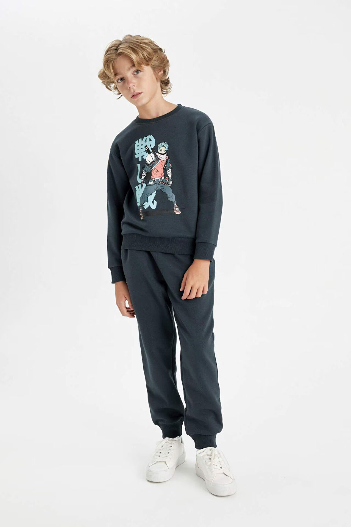 DeFacto Erkek Çocuk 2'li Takım Bisiklet Yaka Baskılı Sweatshirt Beli Lastikli Eşofman Altı D2038A824AUAR208