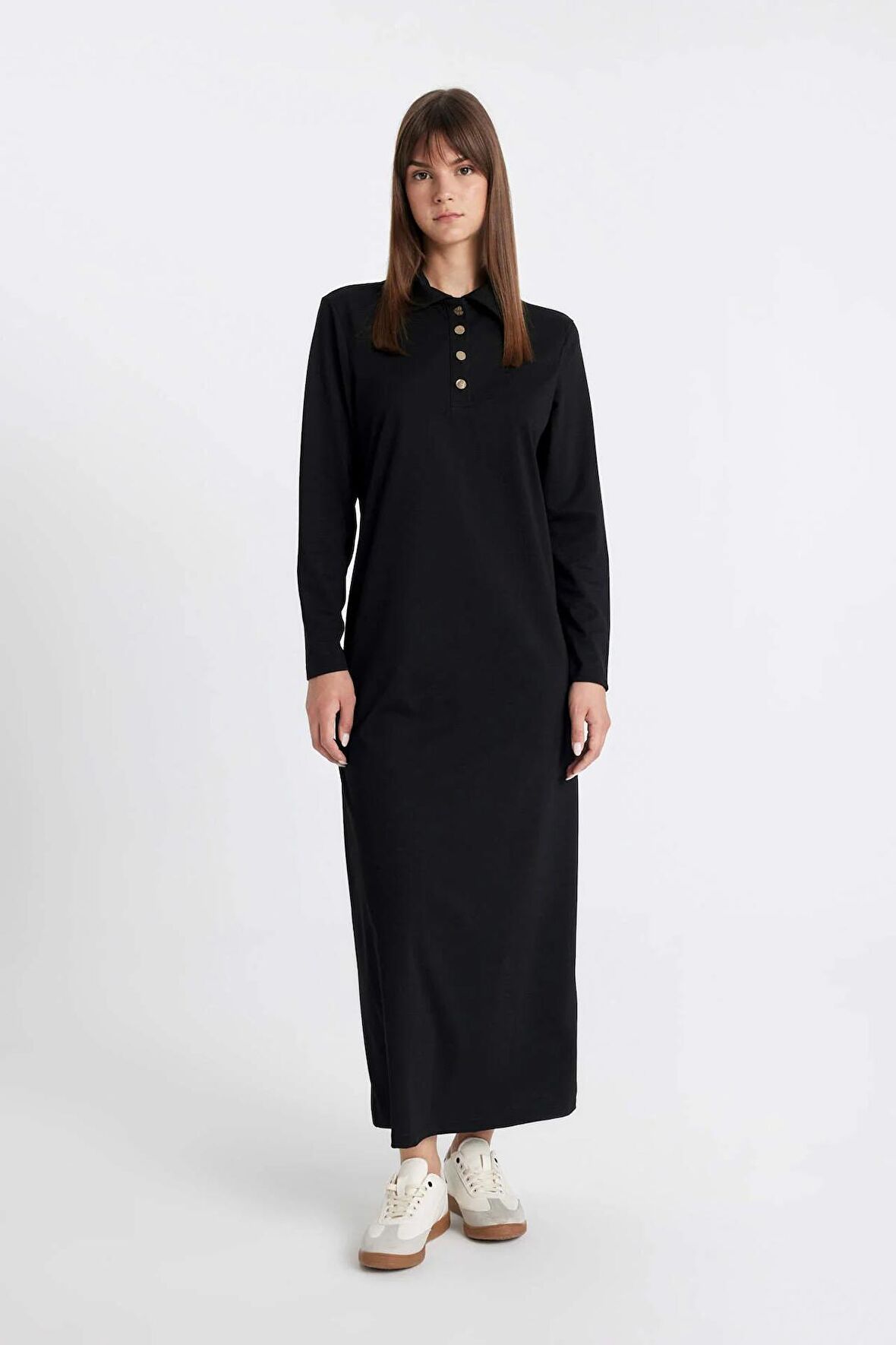 DeFacto Regular Fit Polo Yaka Uzun Kollu Pike Maxi Basic Elbise D1404AX24AUBK81
