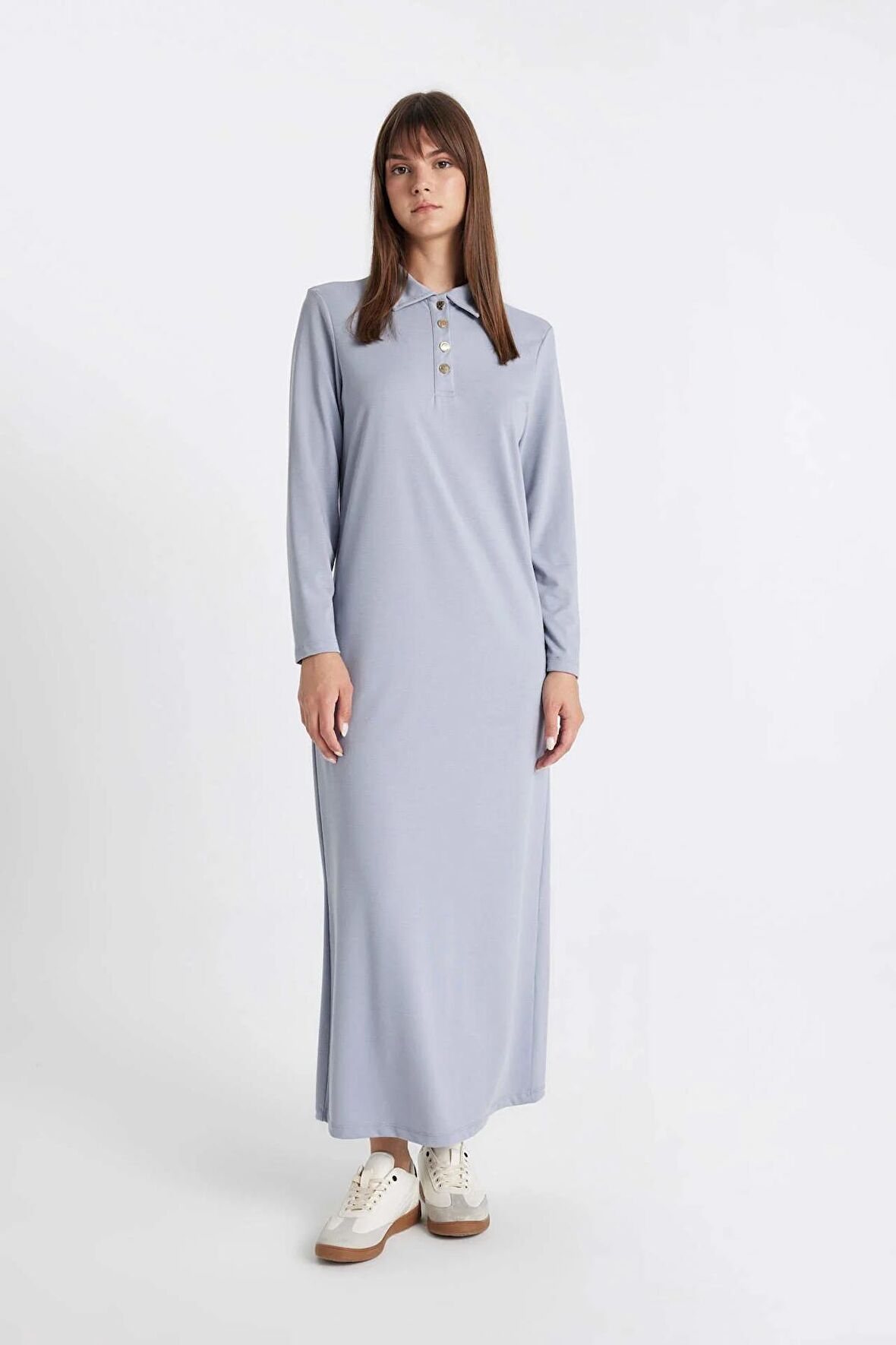 DeFacto Regular Fit Düğmeli Polo Yaka Basic Düz Uzun Kollu Pike Maxi Elbise D1404AX24AUBE748