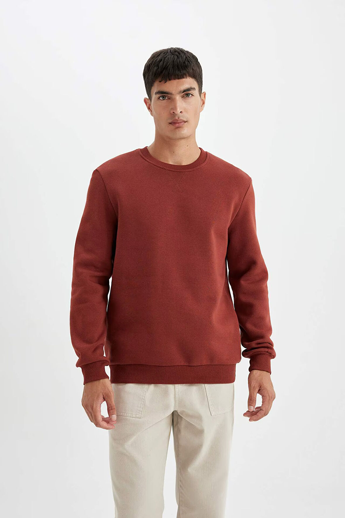 Regular Fit Bisiklet Yaka Kalın Basic Sweatshirt Kumaşı Basic Sweatshirt