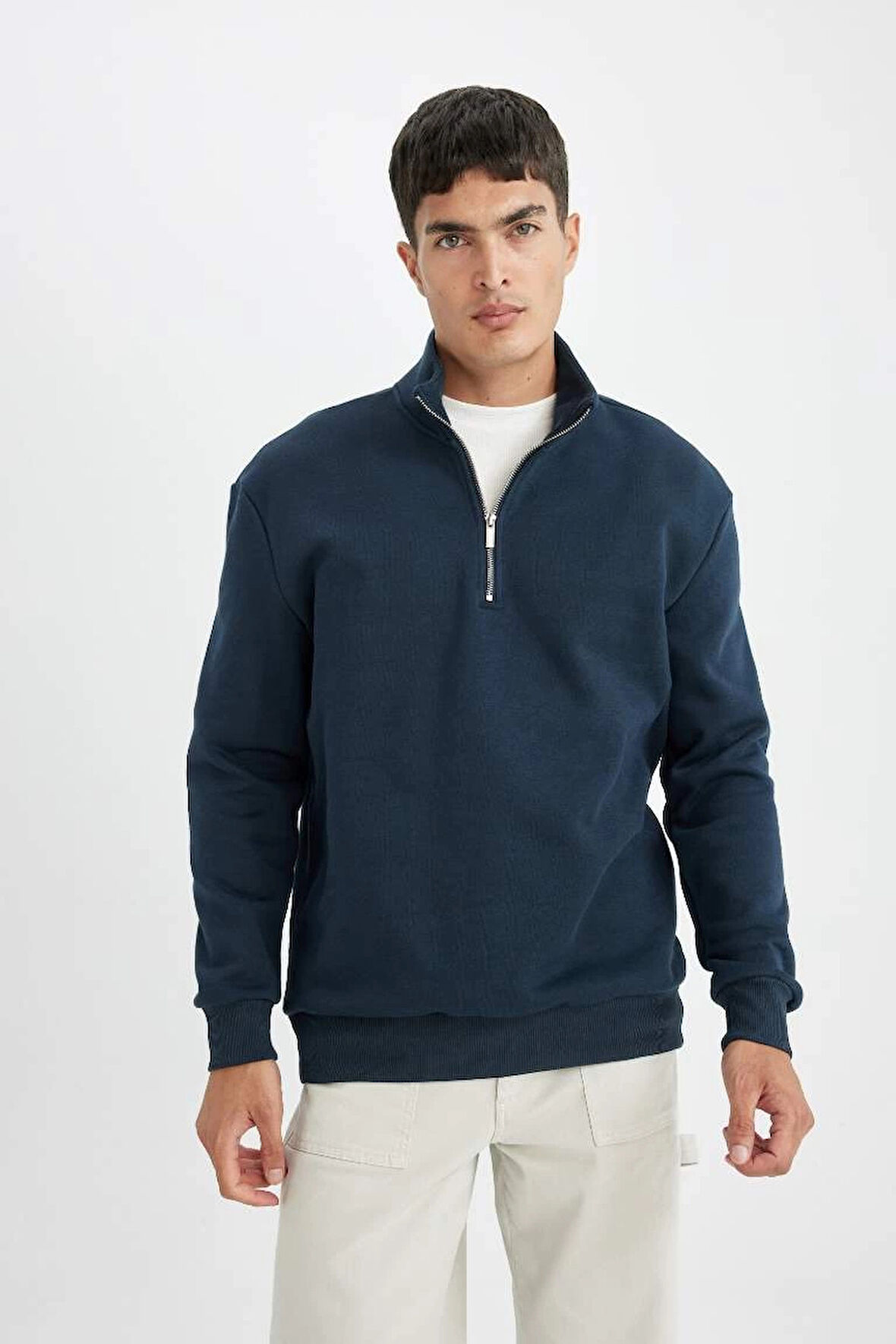 X7405 Comfort Regular Fit Rahat Kalıp Dik Yaka Fermuarlı Kalın Basic Düz Sweatshirt