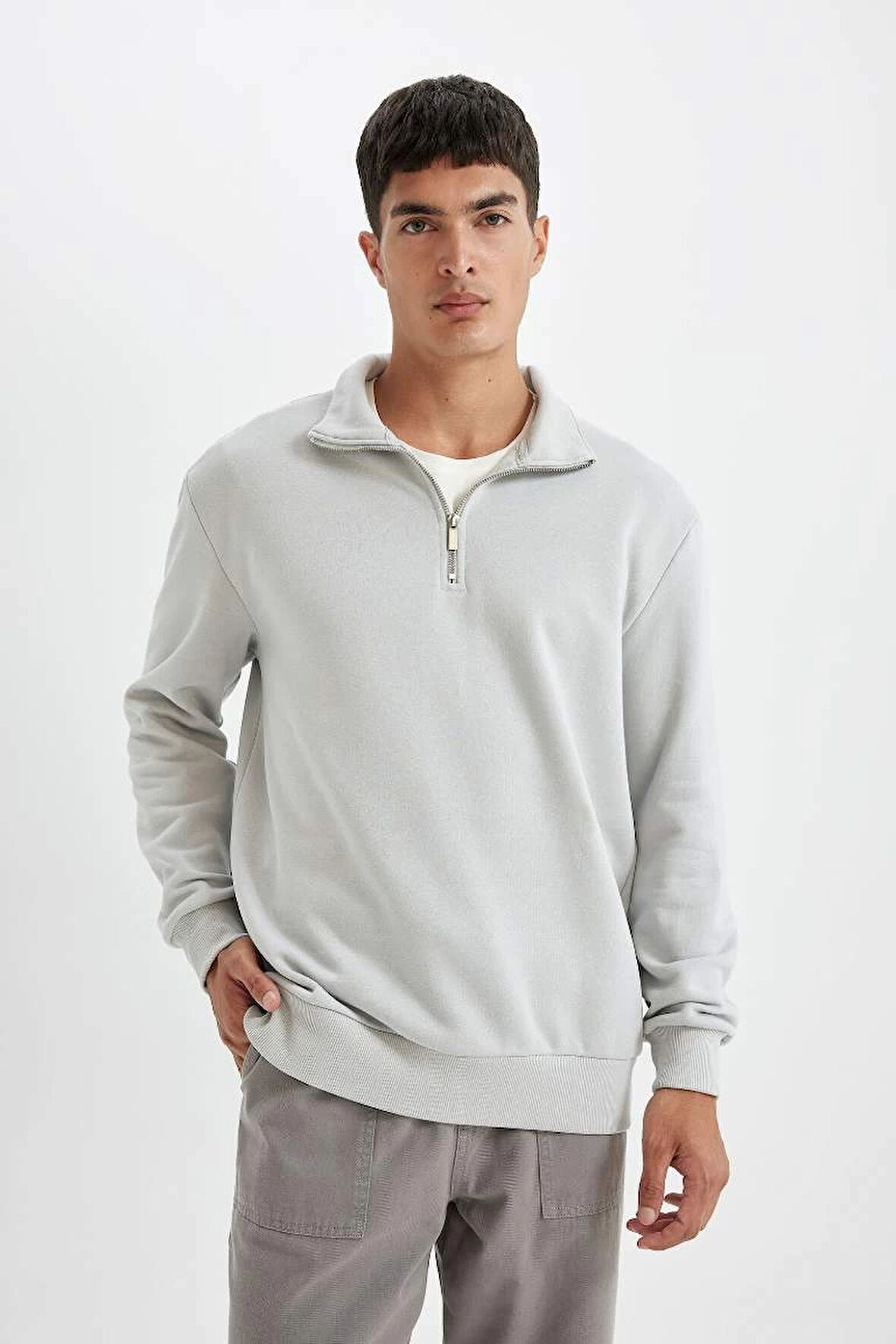 X7405 Comfort Regular Fit Rahat Kalıp Dik Yaka Fermuarlı Kalın Basic Düz Sweatshirt