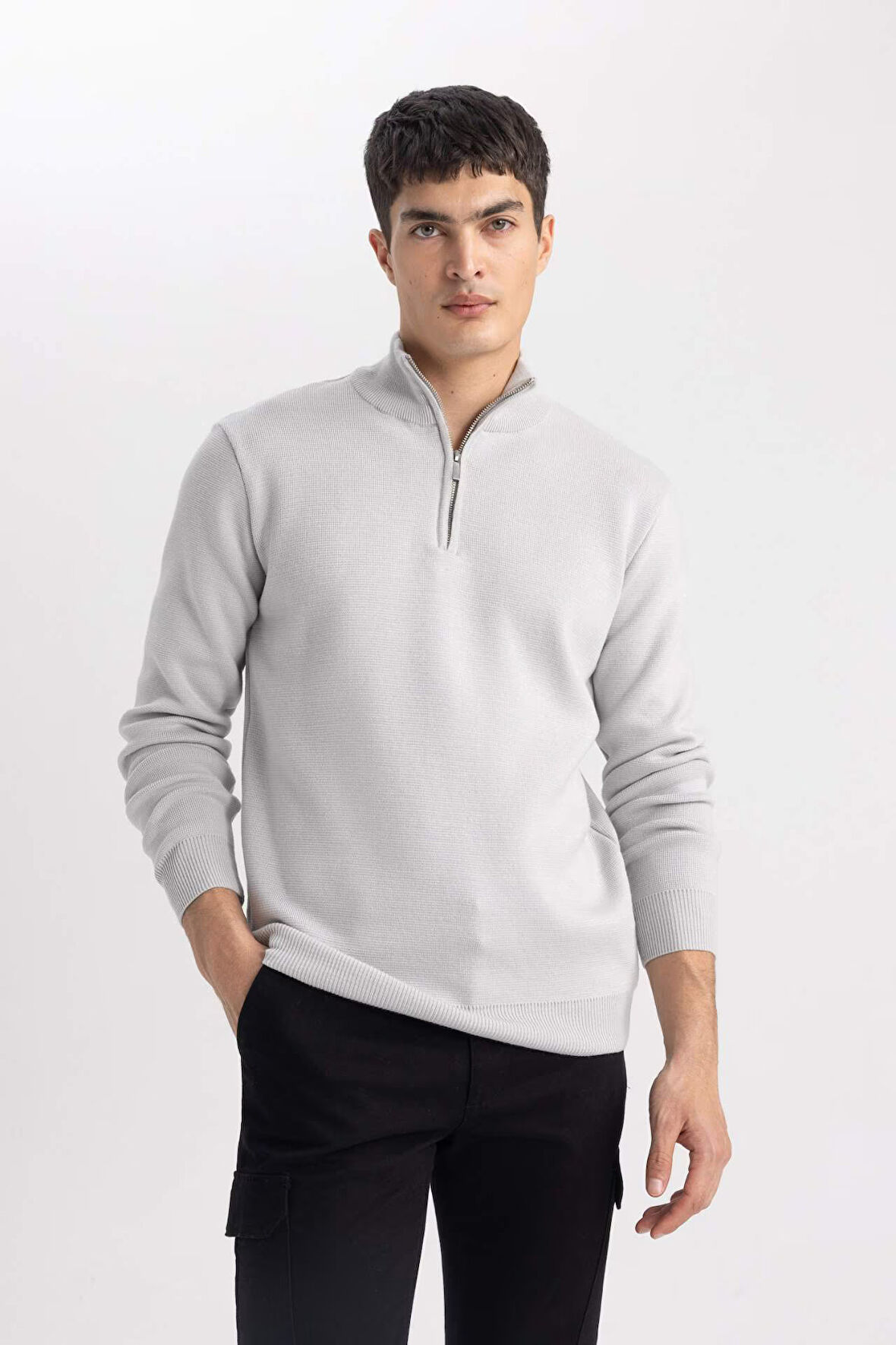 DeFacto Standart Fit Normal Kesim Dik Yaka Fermuarlı Basic Düz Triko Kazak A5184AX24AUGR308