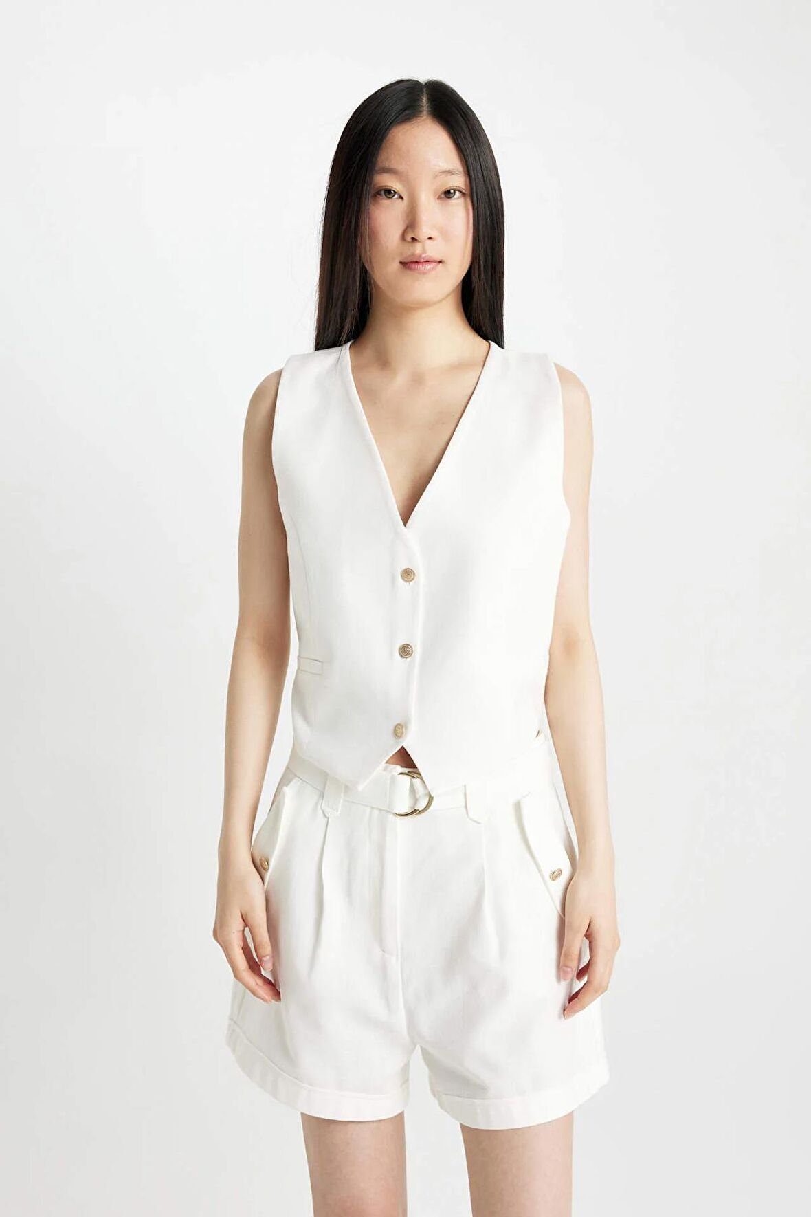 DeFacto Crop V Yaka Keten Karışımlı Blazer Yelek C7798AX24SMER105