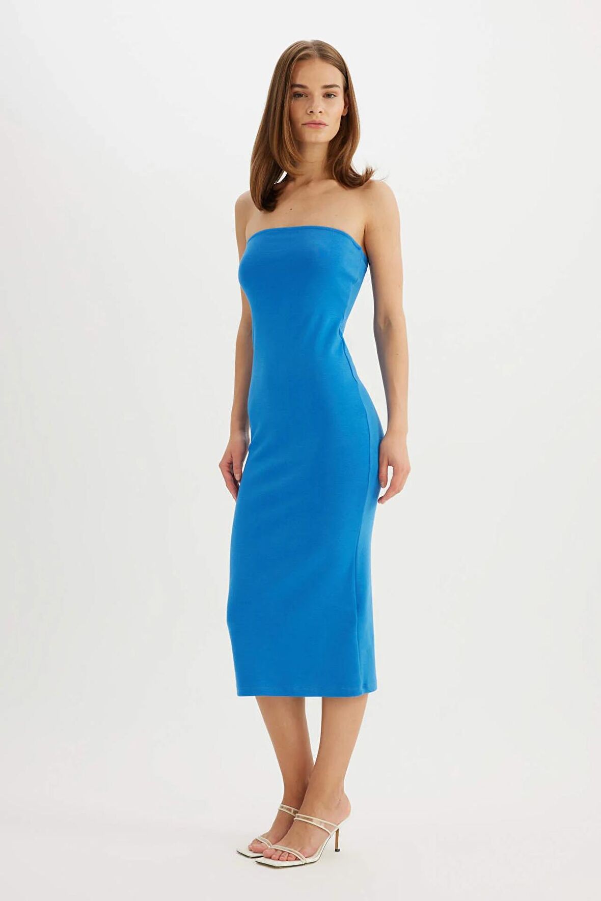 DeFacto Bodycon Vücudu Saran Straplez Fitilli Kaşkorse Midi Abiye Elbise D4440AX24HSBE124