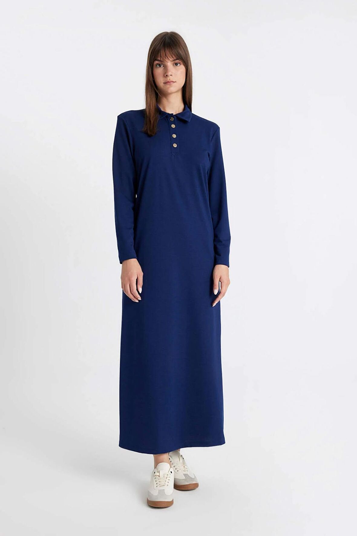 Regular Fit Uzun Kollu Pike Maxi Elbise