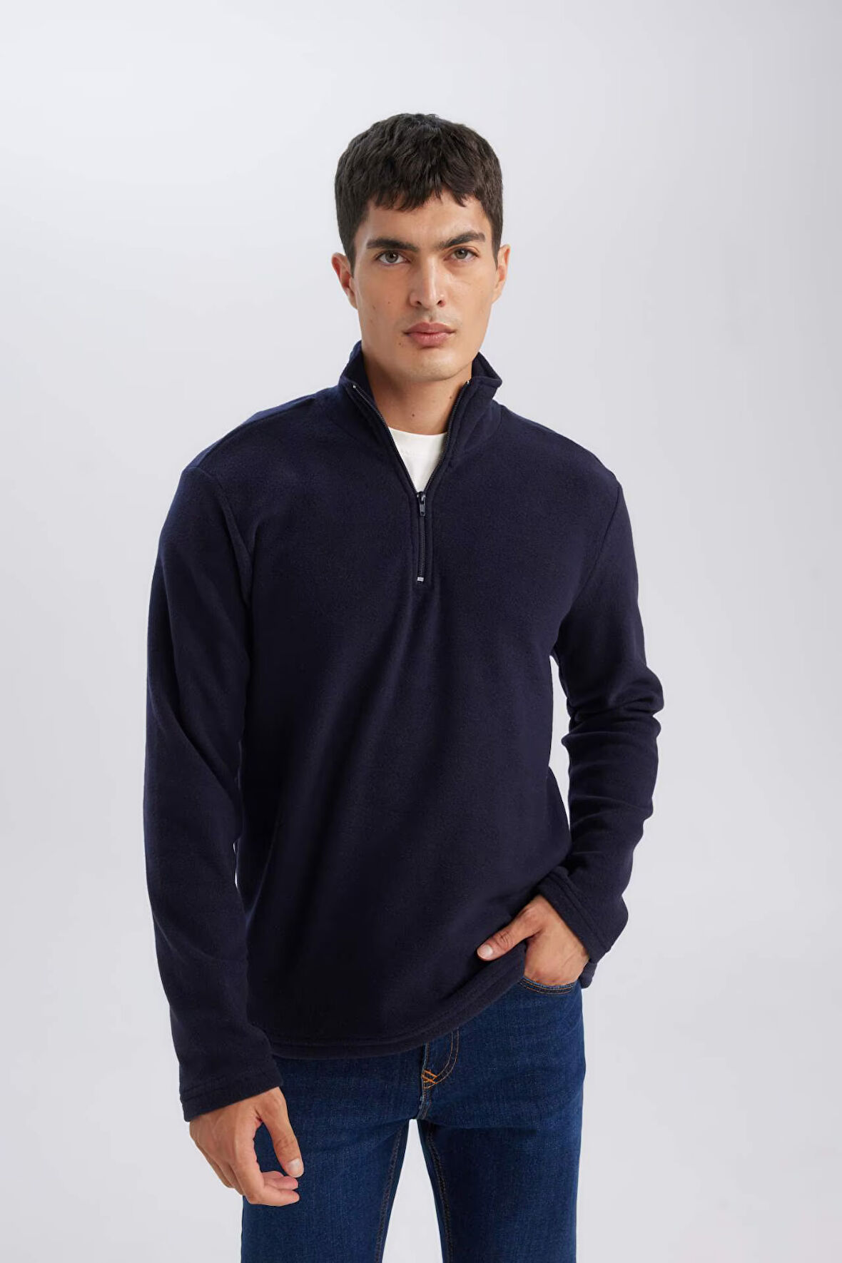 DeFacto Lacivert Tüylenme Yapmayan Soğuk Geçirmez Regular Fit Dik Yaka Fermuarlı Polar Sweatshirt Y3996AZNSNV28