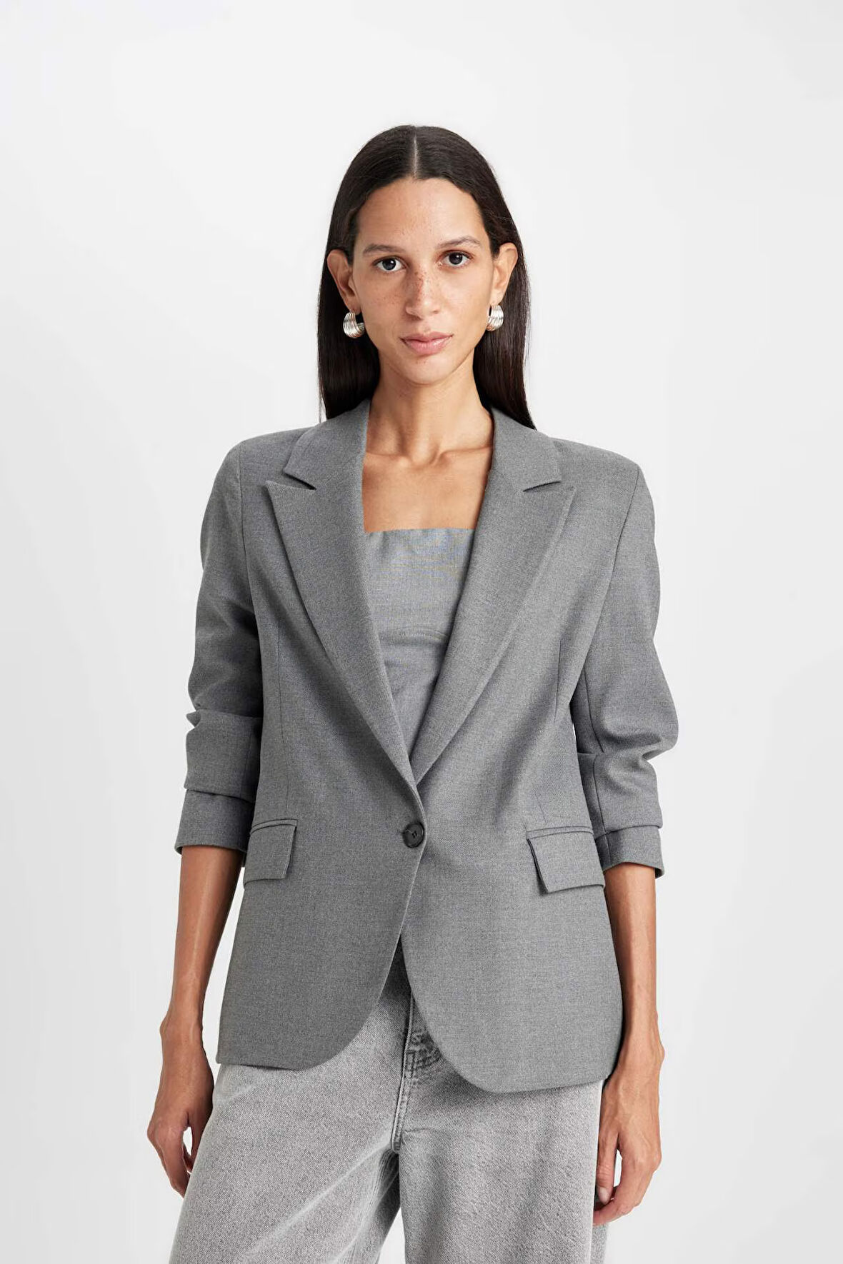 DeFacto Oversize Geniş Kalıp Düğmeli Basic Düz Blazer Ceket B0490AX24AUGR210