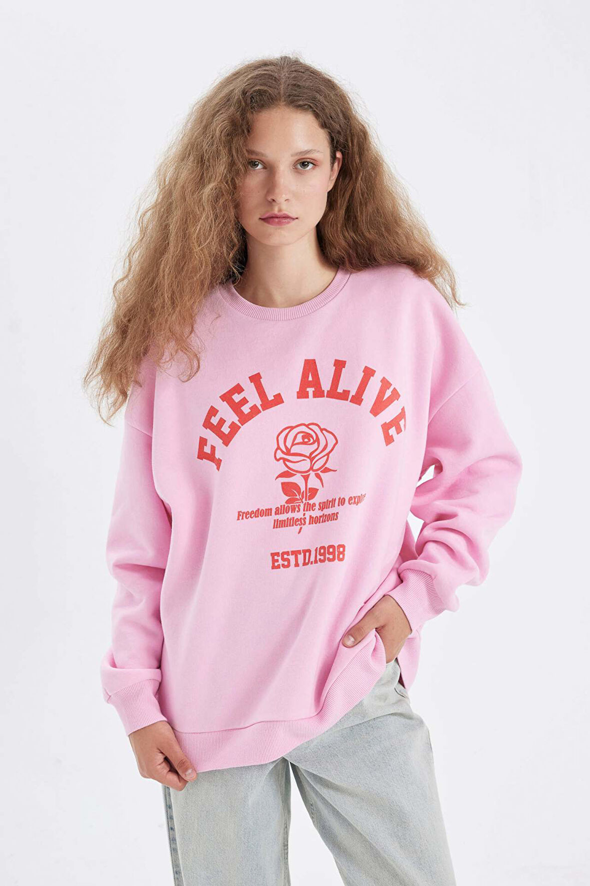 DeFacto Oversize Geniş Kalıp Bisiklet Yaka Baskılı Kalın Sweatshirt D4940AX24AUPN205
