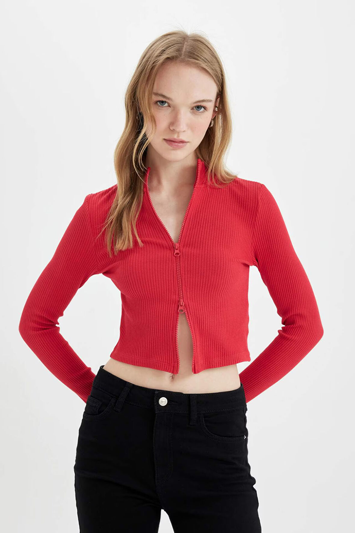 DeFacto Fitted Dik Yaka Basic Düz Fermuarlı Fitilli Kaşkorse Crop Kırmızı Hırka D5124AX24AURD54