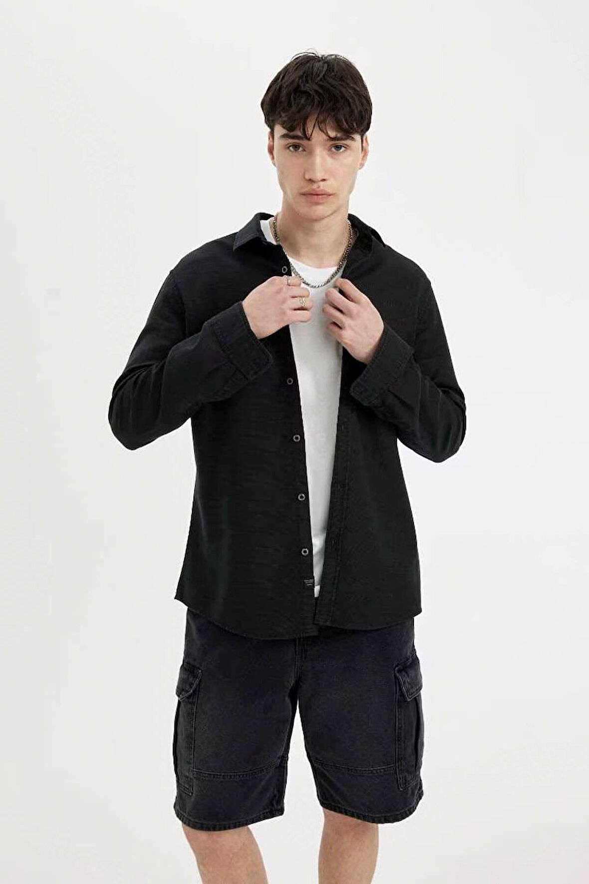 Slim Fit Dar Kesim Polo Yaka Basic Düz Pamuklu Uzun Kollu Gömlek
