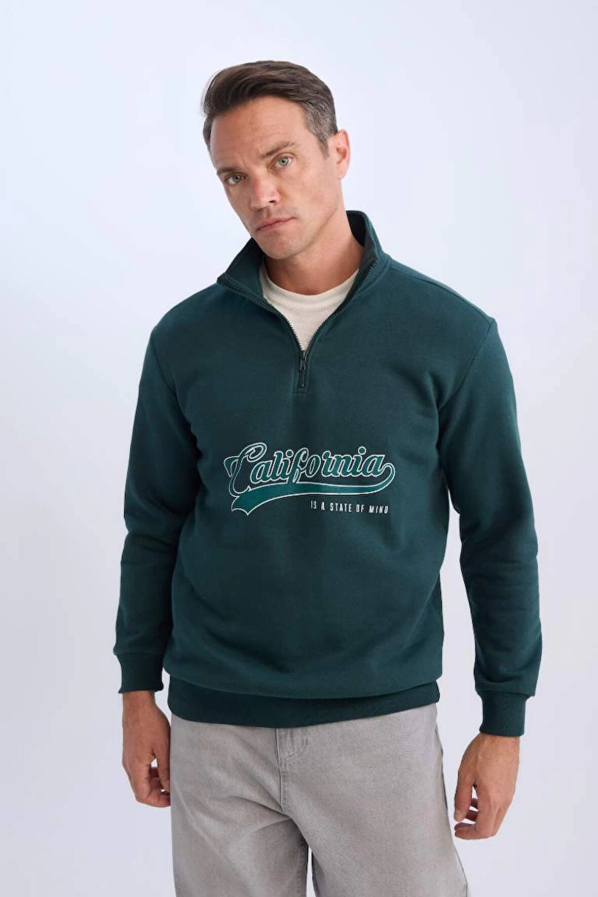 D2167 Relax Fit Dik Yaka Fermuarlı Baskılı Kalın Sweatshirt