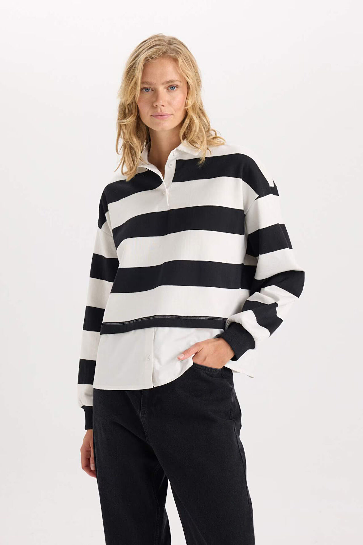 DeFacto Relax Fit Polo Yaka Çizgili Kalın Sweatshirt D5944AX24AUBK81