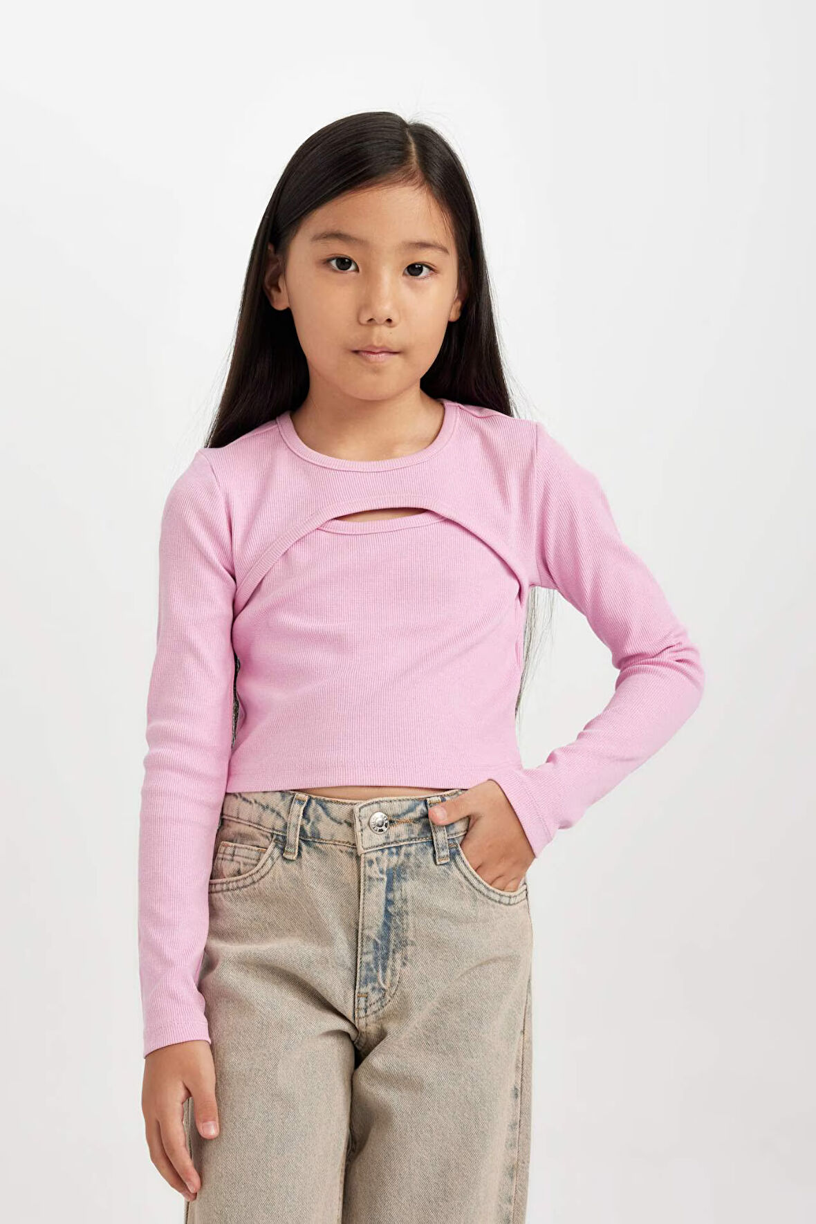 DeFacto Kız Çocuk Slim Fit Dar Kesim Bisiklet Yaka Fitilli Kaşkorse Uzun Kollu Tişört D0705A824AUPN444