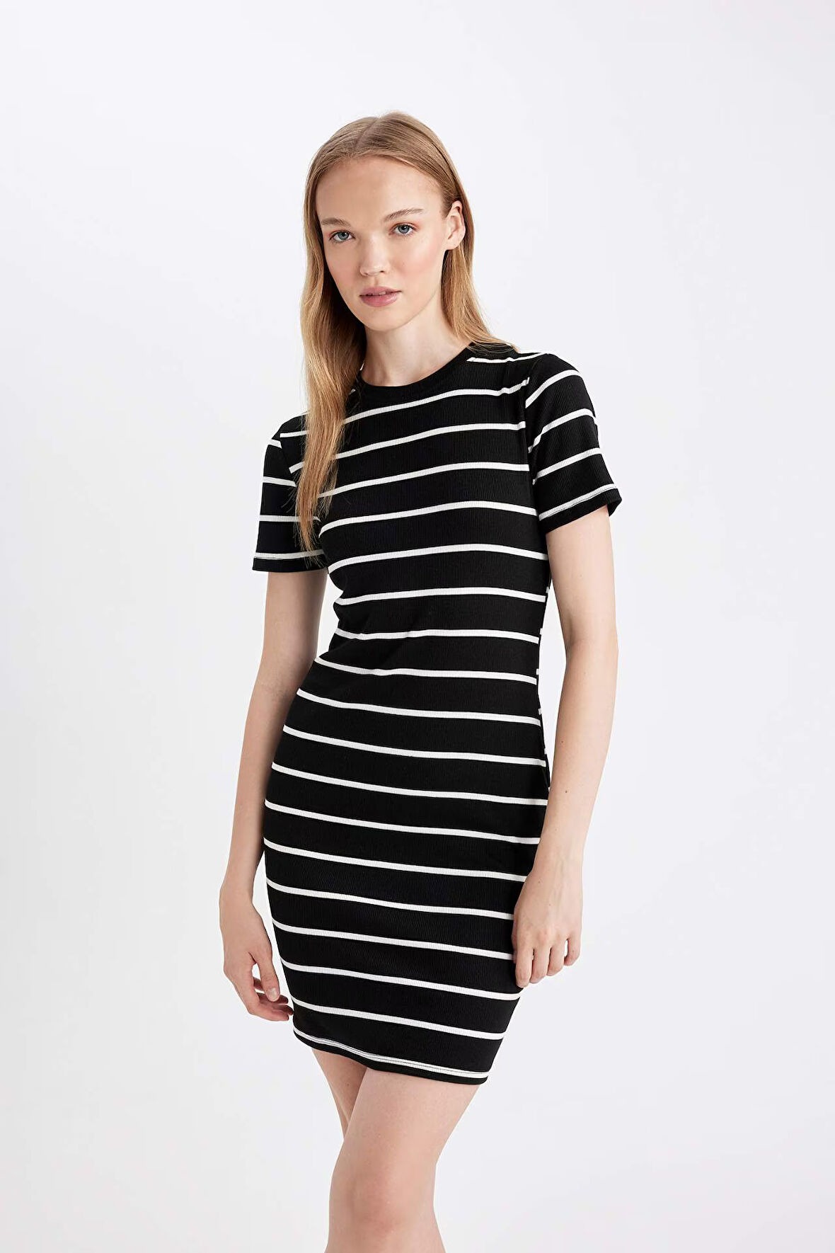 Coool Bodycon Vücudu Saran Bisiklet Yaka Çizgili Fitilli Kaşkorse Kısa Kollu Mini Elbise