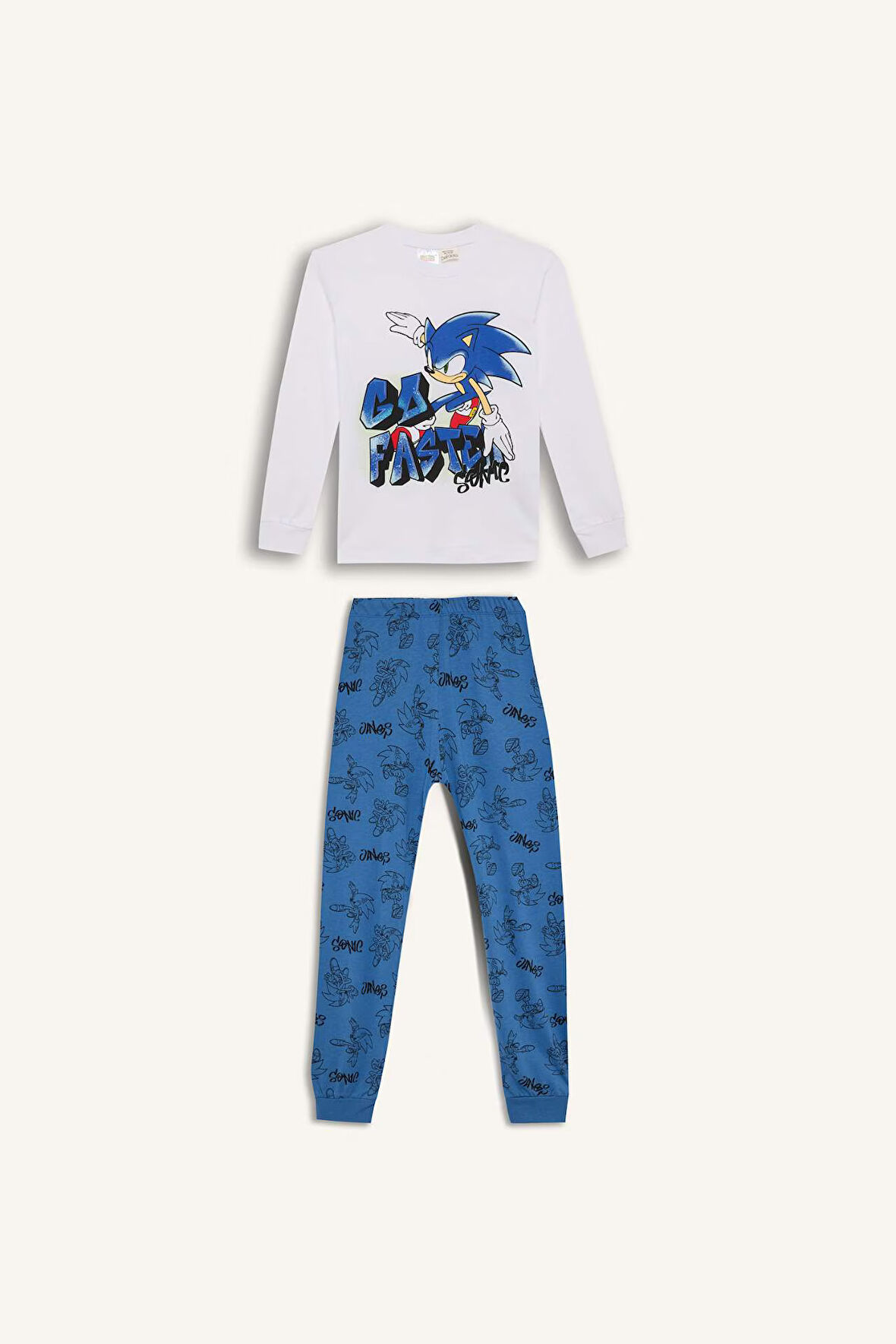 DeFacto Erkek Çocuk Pijama Takımı Sonic the Hedgehog Bisiklet Yaka Uzun Kollu Tişört Uzun Alt D5513A824WNWT34