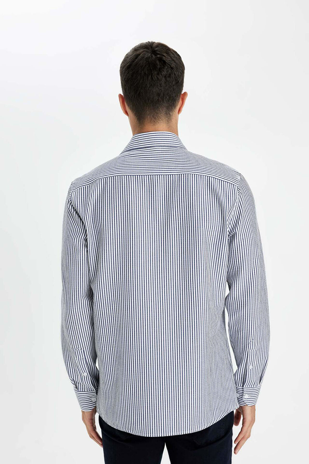 DeFacto Modern Fit Polo Yaka Çizgili Krinkıl Kumaş Gofre Desenli Uzun Kollu Gömlek D6003AX24AUWT34